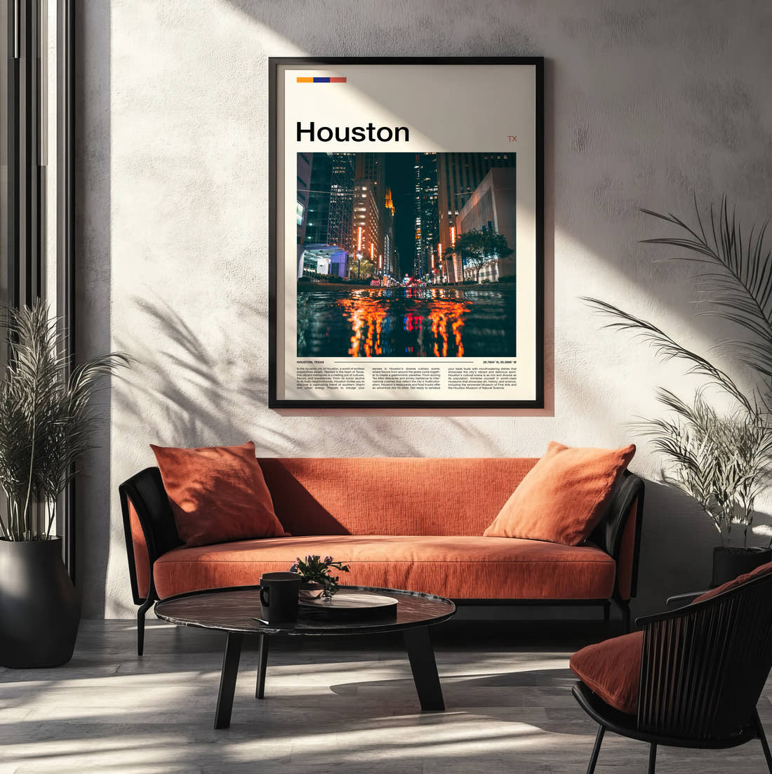 Houston Wet Street At Night Travel Print framed on the wall of a modern living room