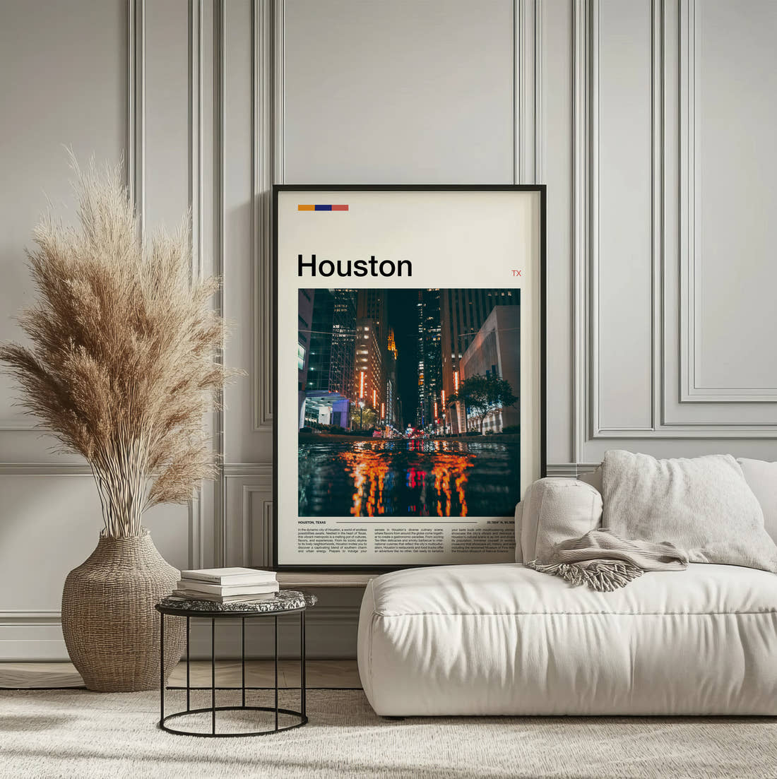 Houston Wet Street At Night Travel Print framed on the wall of a calm, neutral bedroom