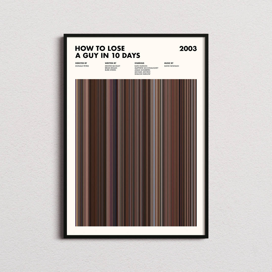 How to Lose a Guy in 10 Days Movie Barcode Poster framed on a plain studio wall