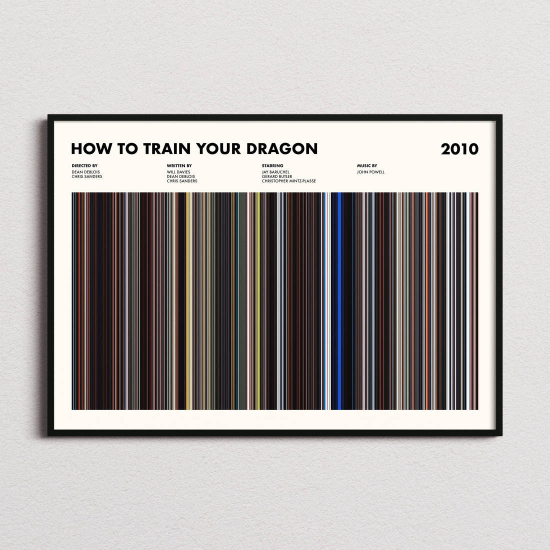 How To Train Your Dragon Movie Barcode Poster framed and photographed straight on