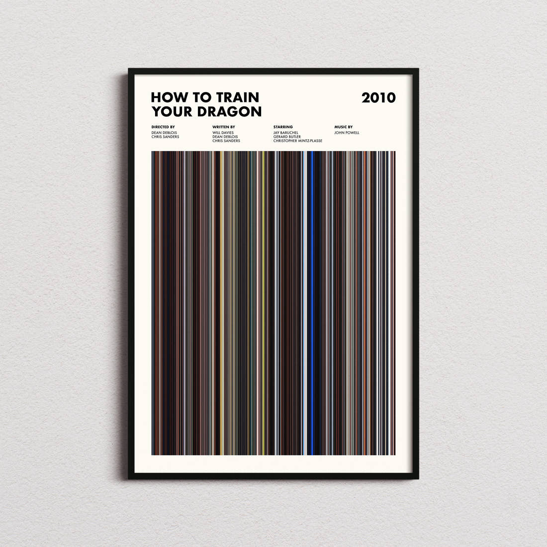 How To Train Your Dragon Movie Barcode Poster framed on a plain studio wall