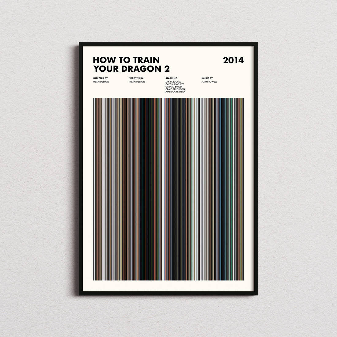 How To Train Your Dragon 2 Movie Barcode Poster framed on a plain studio wall