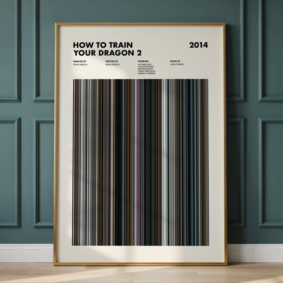 How To Train Your Dragon 2 Movie Barcode Poster framed and leaning against a panelled wall
