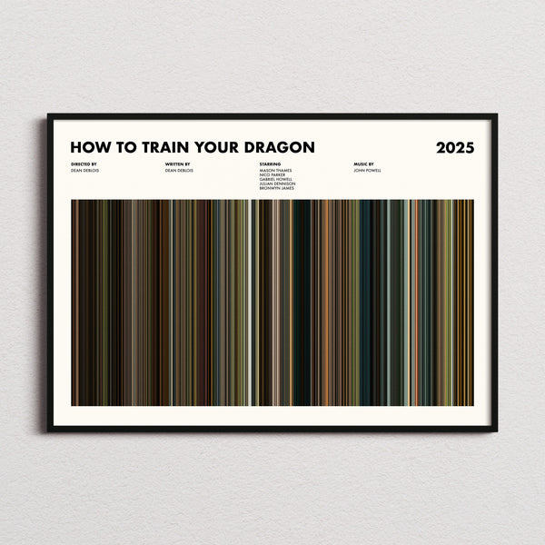 How to Train Your Dragon (2025) Movie Barcode Poster framed and photographed straight on