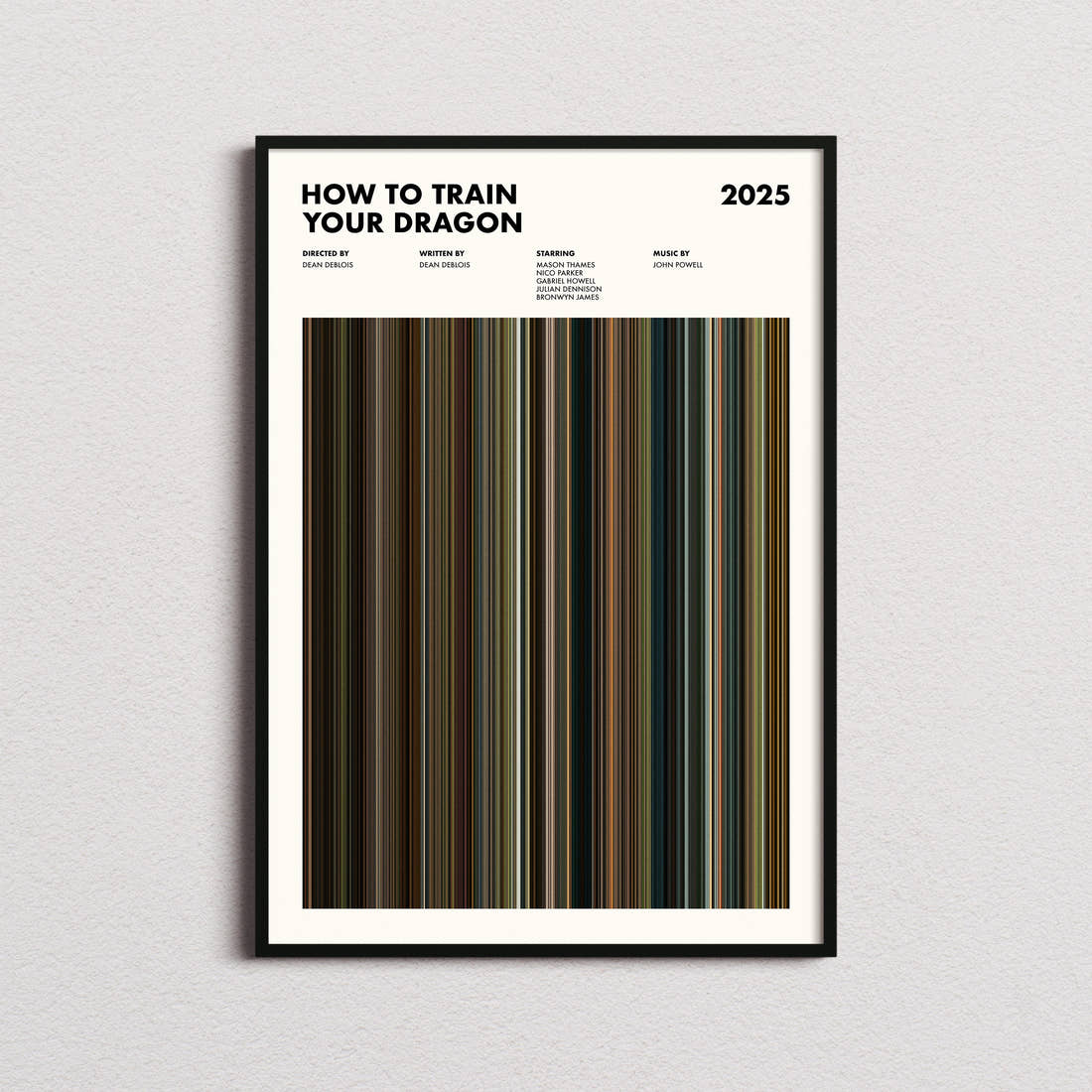 How to Train Your Dragon (2025) Movie Barcode Poster framed on a plain studio wall