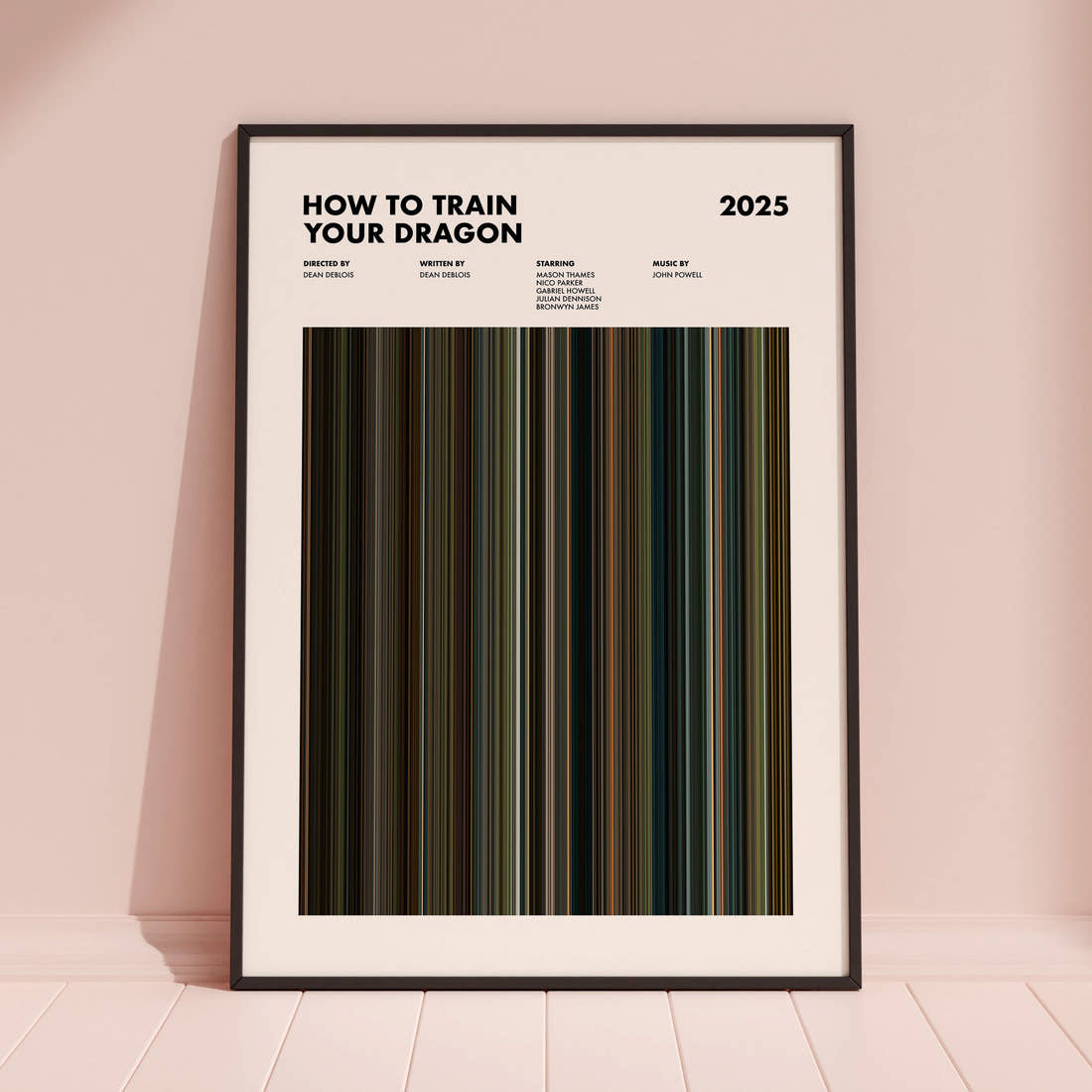 How to Train Your Dragon (2025) Movie Barcode Poster framed and leaning against a coloured wall