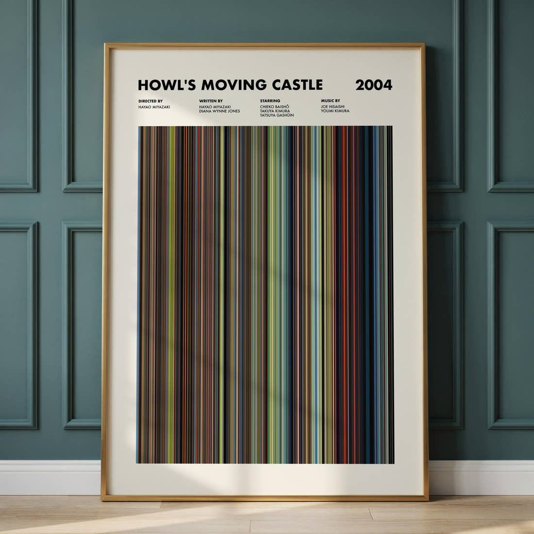 Howl's Moving Castle Movie Barcode Poster framed and leaning against a panelled wall