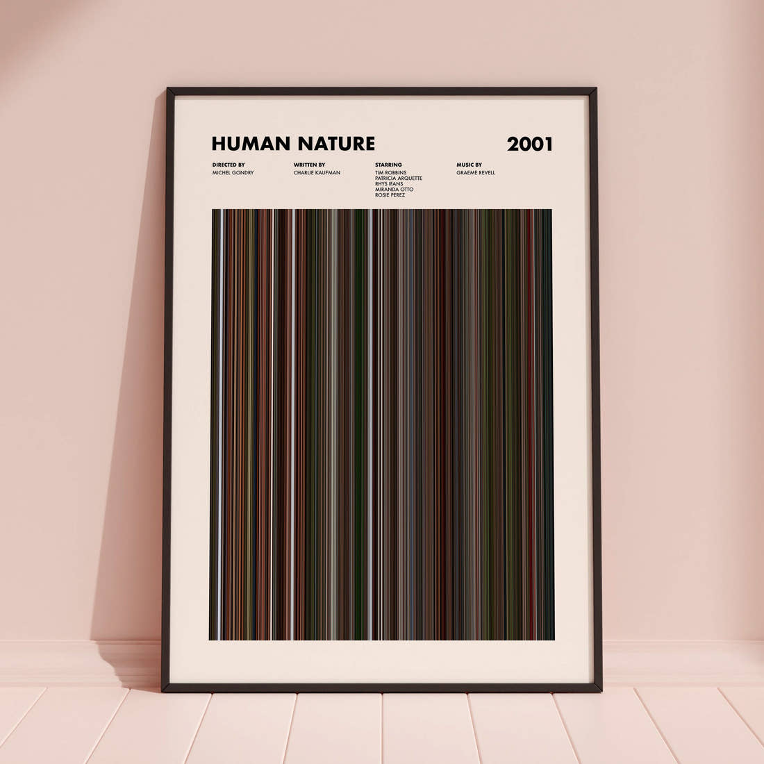 Human Nature Movie Barcode Poster framed and leaning against a coloured wall