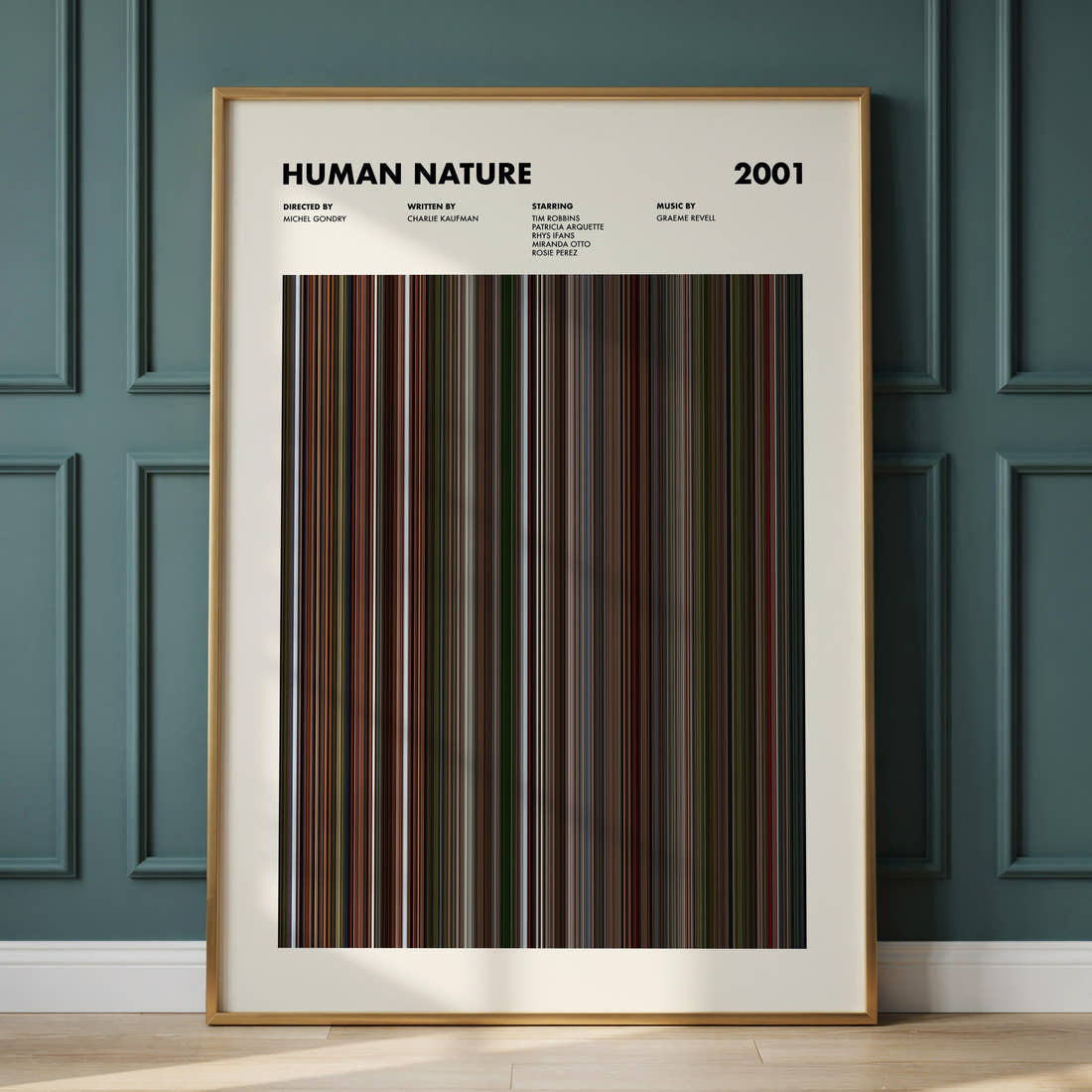 Human Nature Movie Barcode Poster framed and leaning against a panelled wall