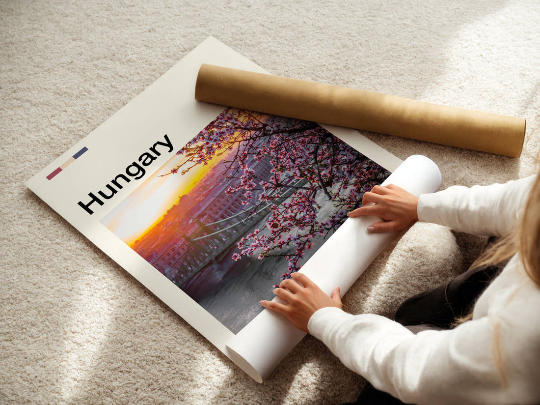 Hungary Cherry Blossoms Travel Print being unrolled from its postal tube