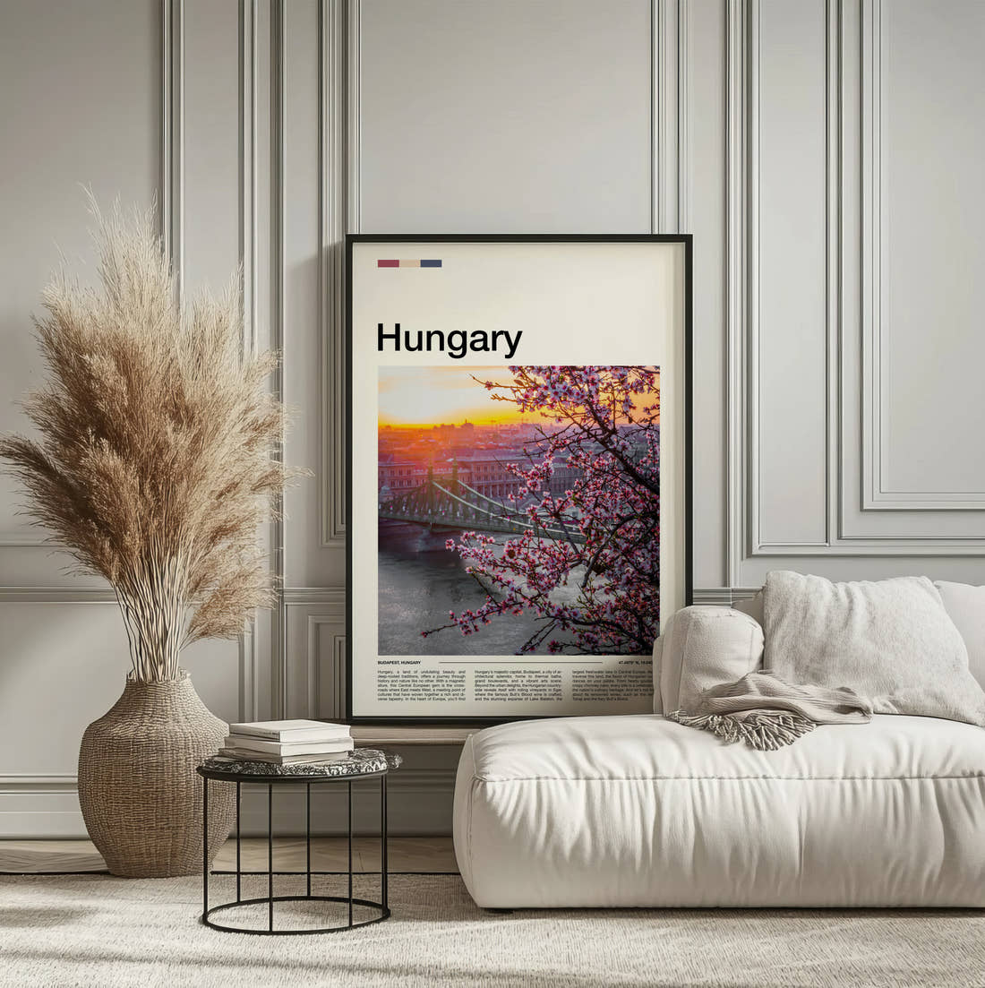 Hungary Cherry Blossoms Travel Print framed on the wall of a calm, neutral bedroom
