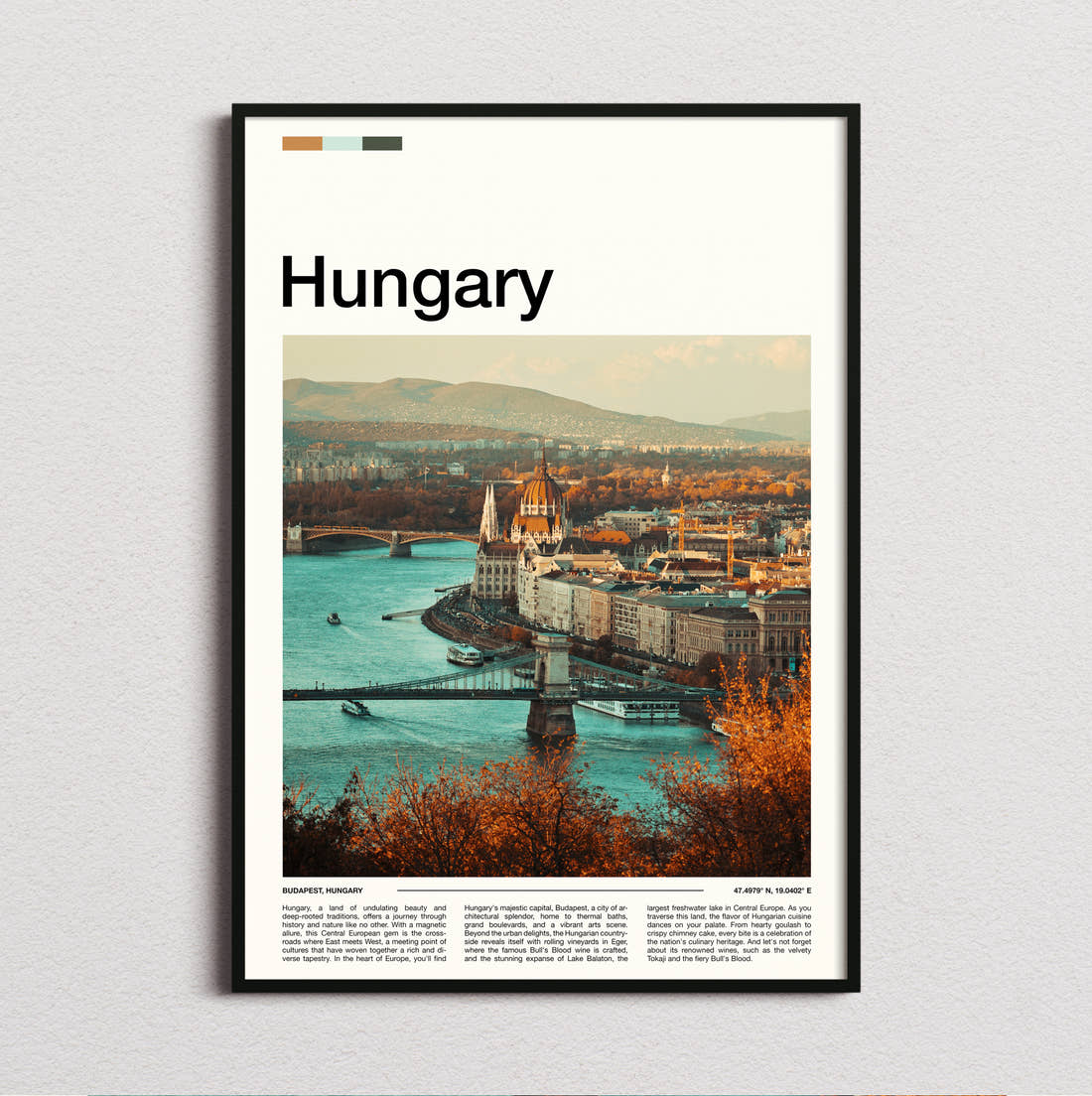 Hungary Parliament And Chain Bridge Travel Print framed and photographed straight on