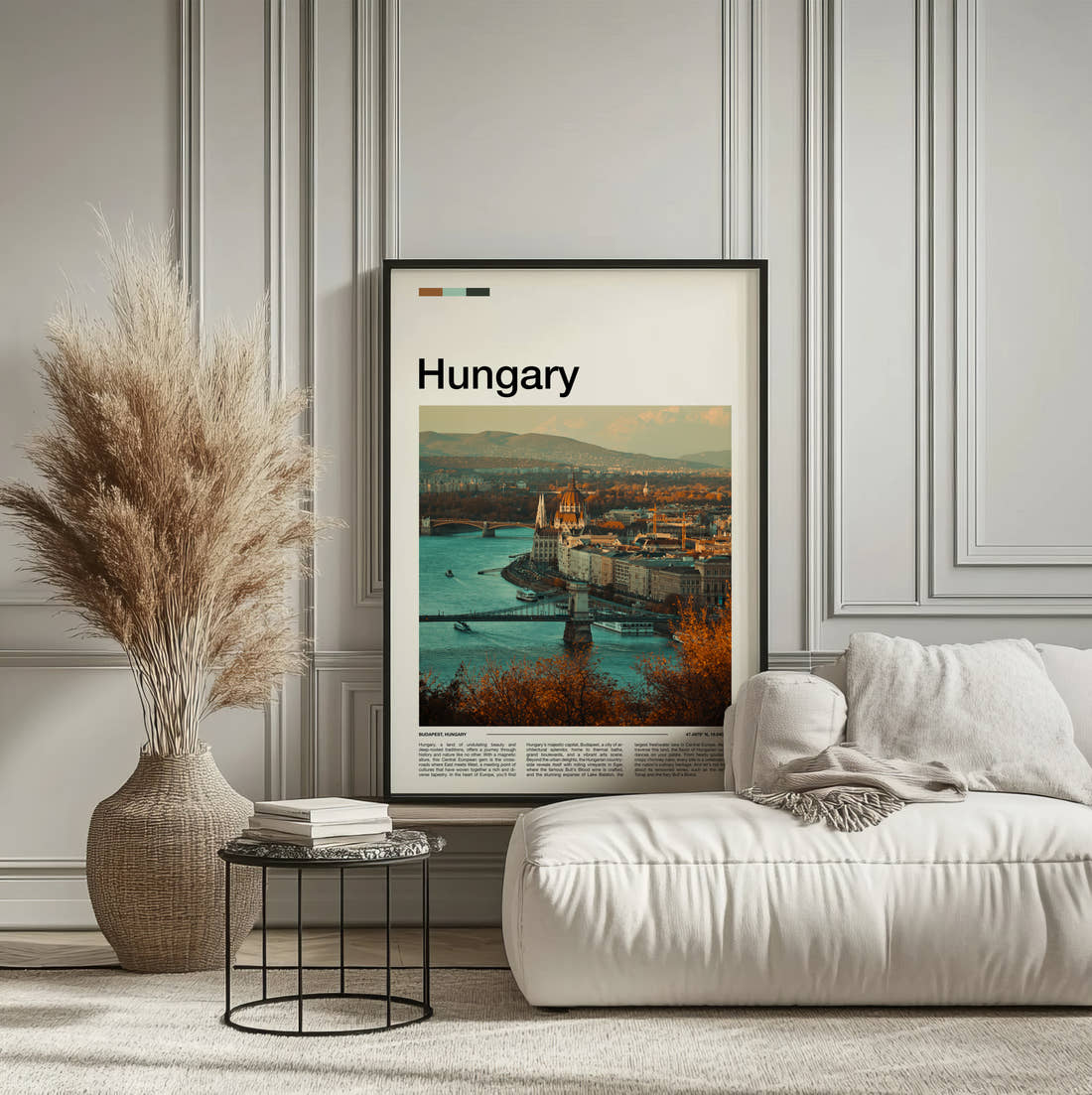 Hungary Parliament And Chain Bridge Travel Print framed on the wall of a calm, neutral bedroom