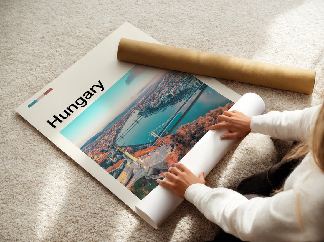 Hungary Danube From Above Travel Print being unrolled from its postal tube