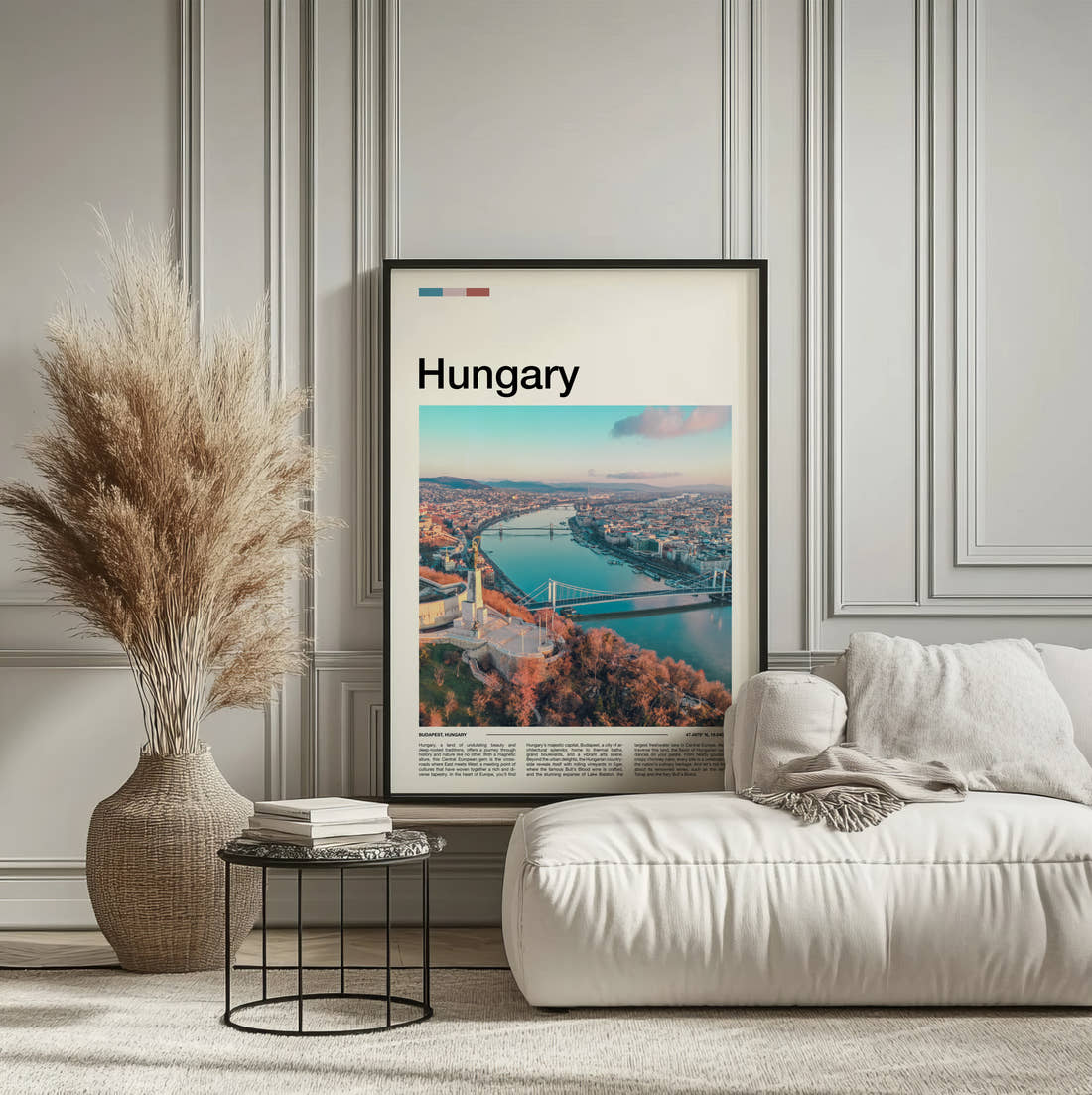 Hungary Danube From Above Travel Print framed on the wall of a calm, neutral bedroom