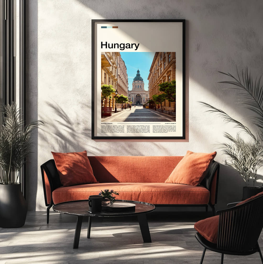 Hungary St Stephens Basilica Travel Print framed on the wall of a modern living room
