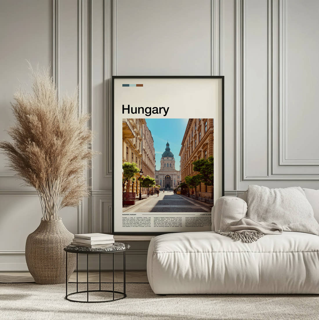 Hungary St Stephens Basilica Travel Print framed on the wall of a calm, neutral bedroom
