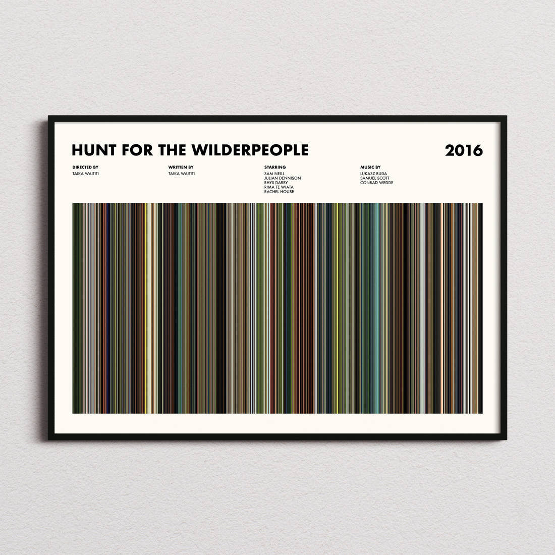 Hunt for the Wilderpeople Movie Barcode Poster framed and photographed straight on