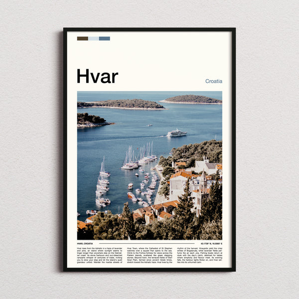 Hvar Harbour From Above Travel Print framed and photographed straight on