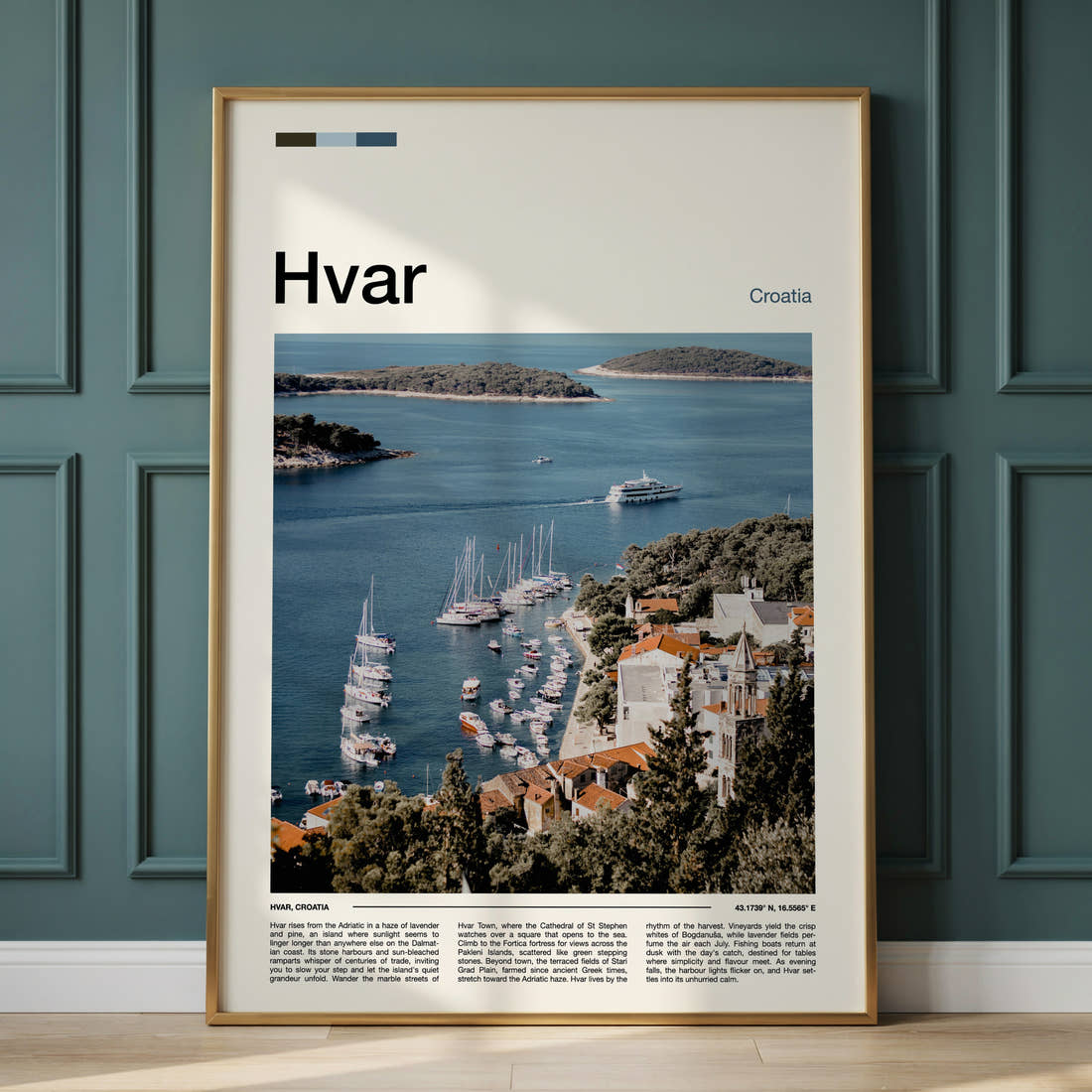 Hvar Harbour From Above Travel Print framed on the wall of a calm, neutral bedroom
