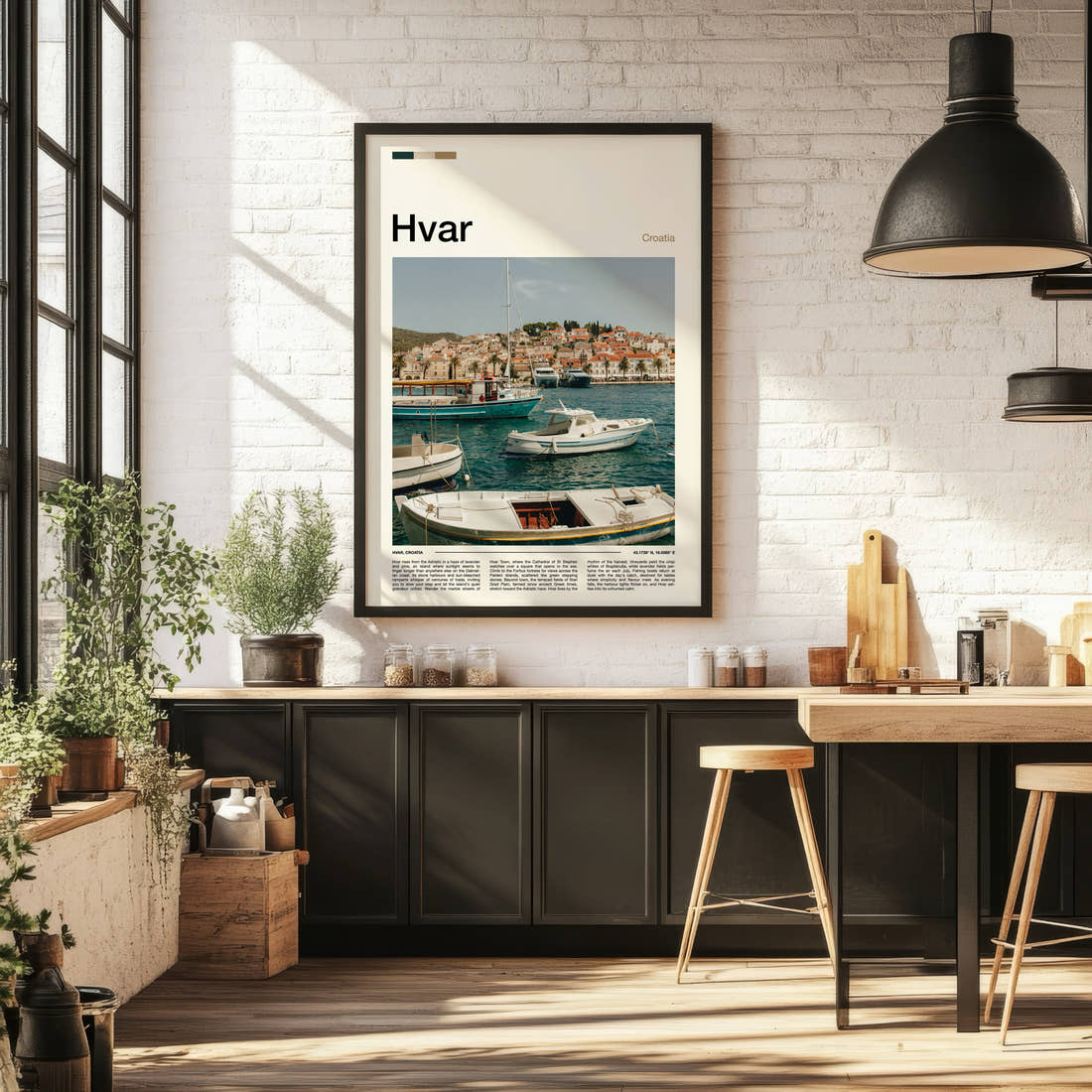 Hvar Harbour Boats View Travel Print framed on the wall of a bright kitchen and dining space