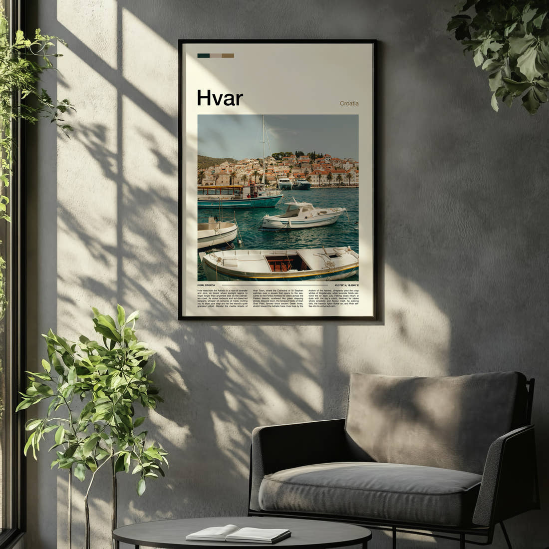 Hvar Harbour Boats View Travel Print framed on the wall of a relaxed living room