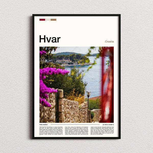Hvar Coastal Garden View Travel Print framed and photographed straight on