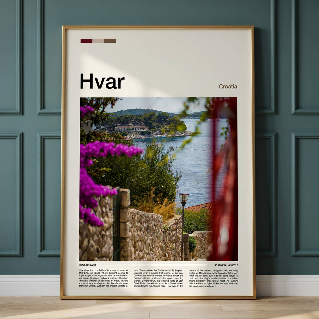 Hvar Coastal Garden View Travel Print framed on the wall of a calm, neutral bedroom