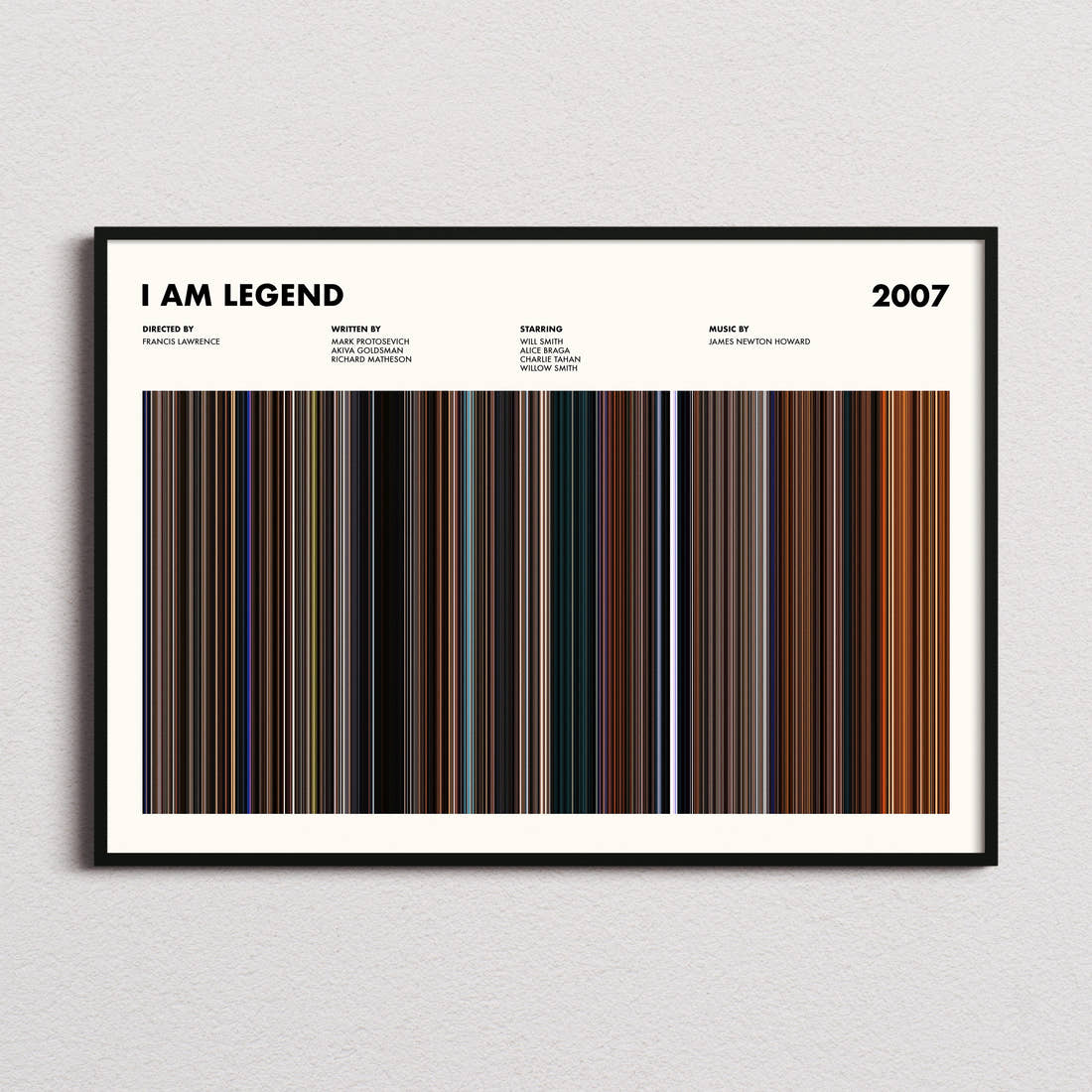 I Am Legend Movie Barcode Poster framed and photographed straight on