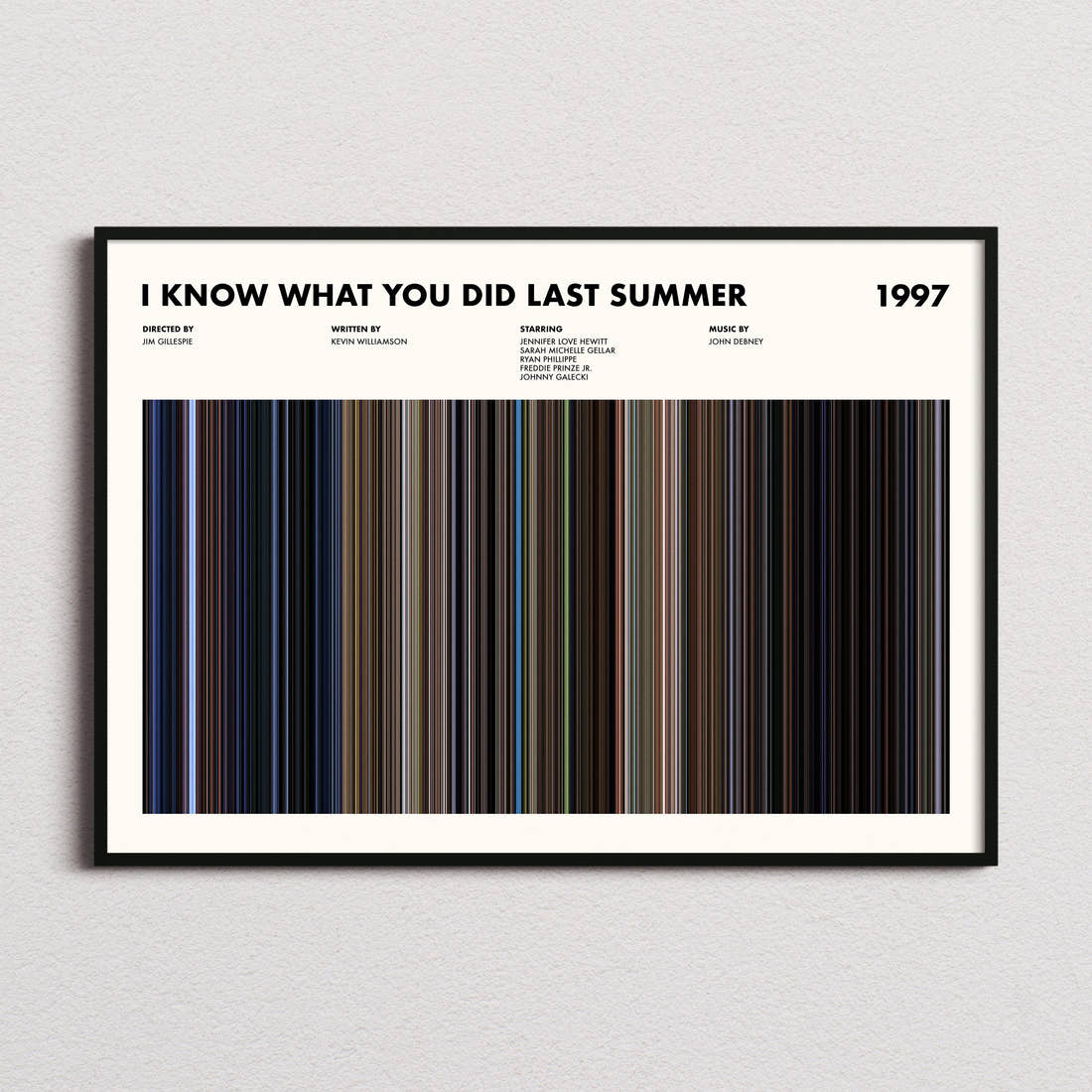 I Know What You Did Last Summer (1997) Movie Barcode Poster framed and photographed straight on