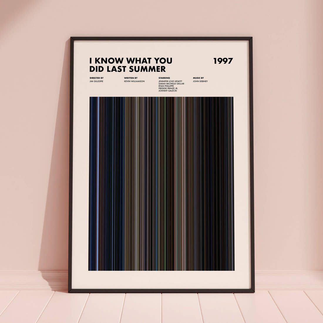 I Know What You Did Last Summer (1997) Movie Barcode Poster framed and leaning against a coloured wall