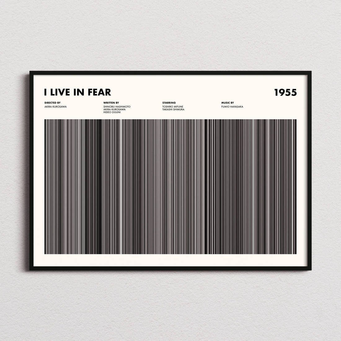 I Live in Fear Movie Barcode Poster framed and photographed straight on