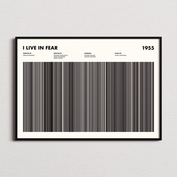 I Live in Fear Movie Barcode Poster framed and photographed straight on