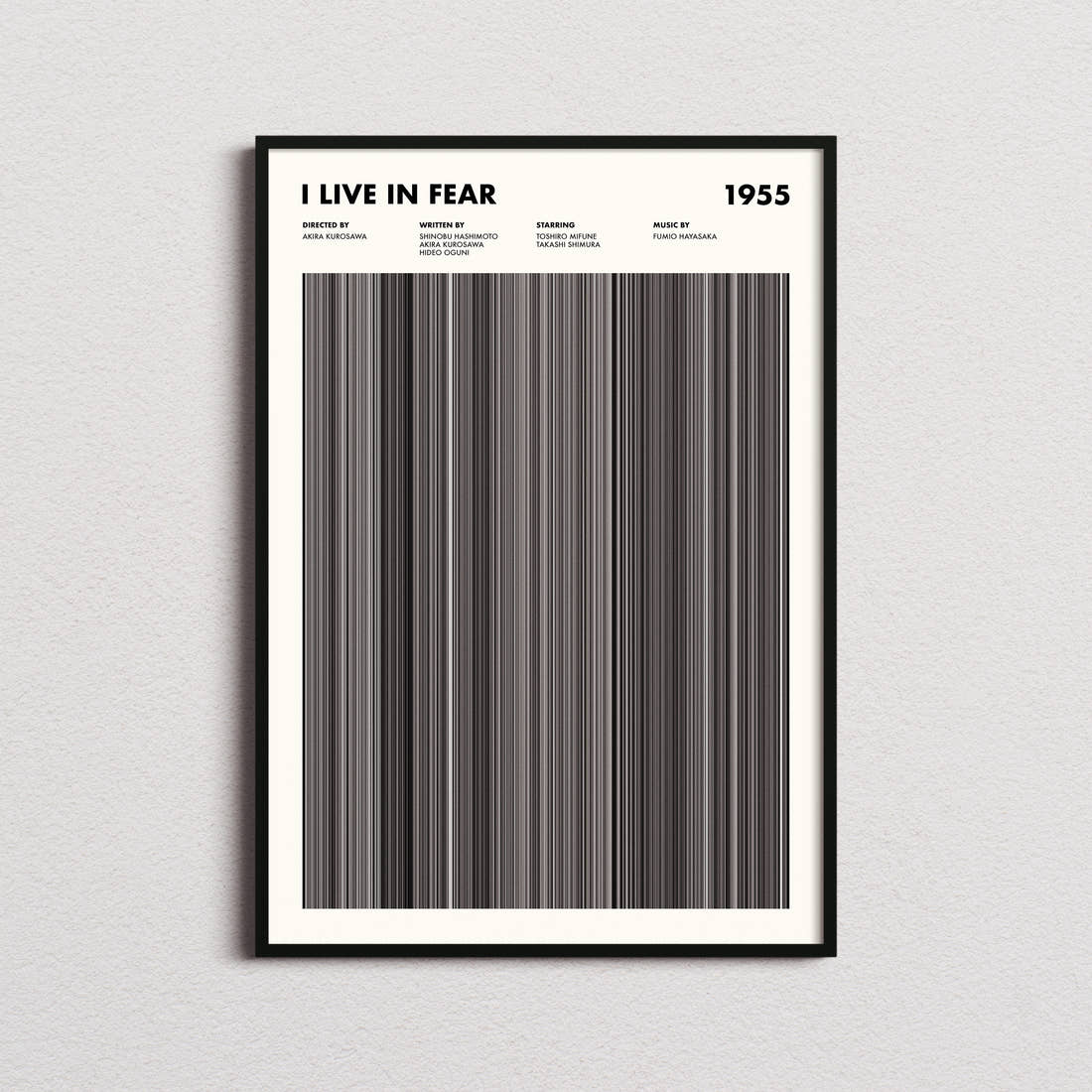 I Live in Fear Movie Barcode Poster framed on a plain studio wall