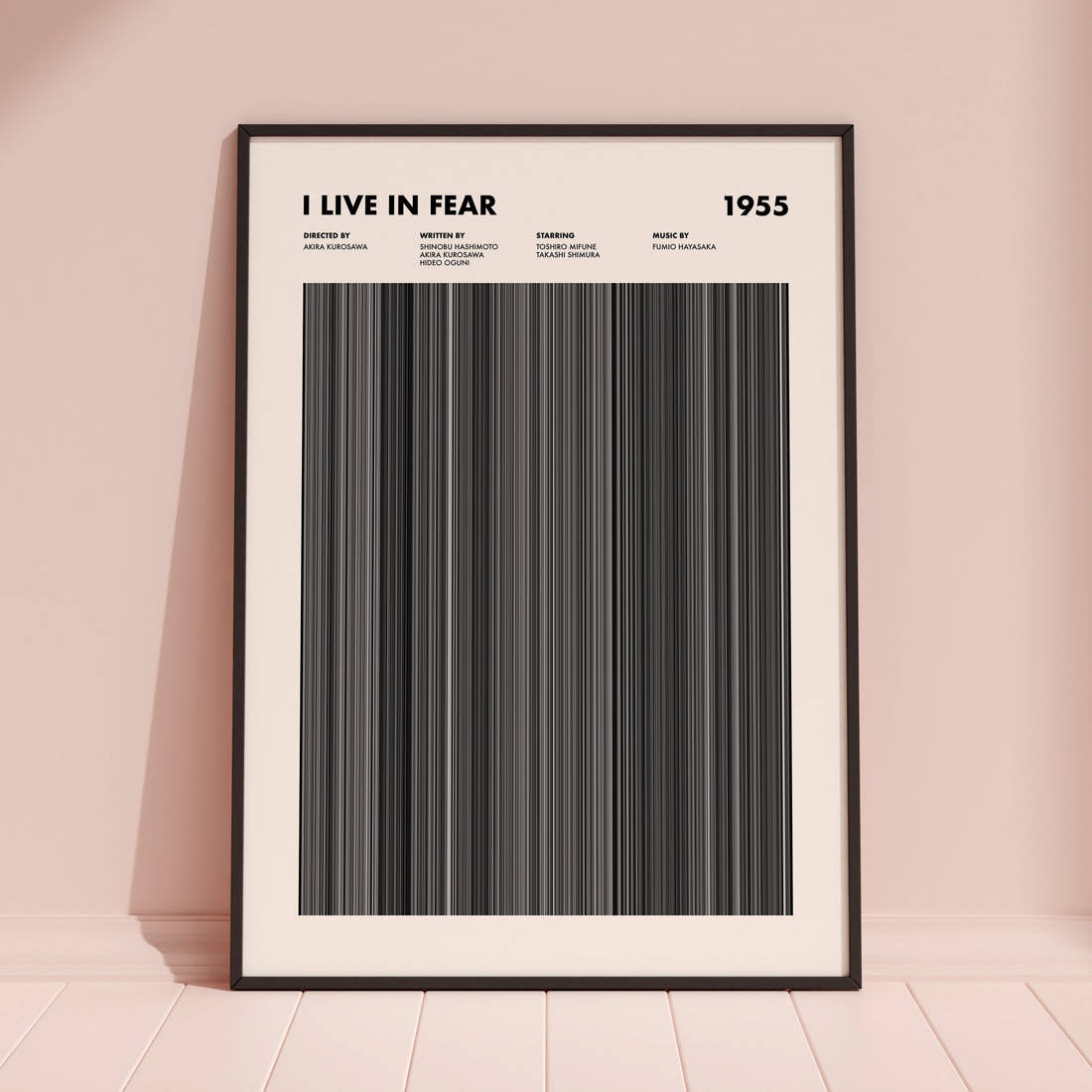 I Live in Fear Movie Barcode Poster framed and leaning against a coloured wall