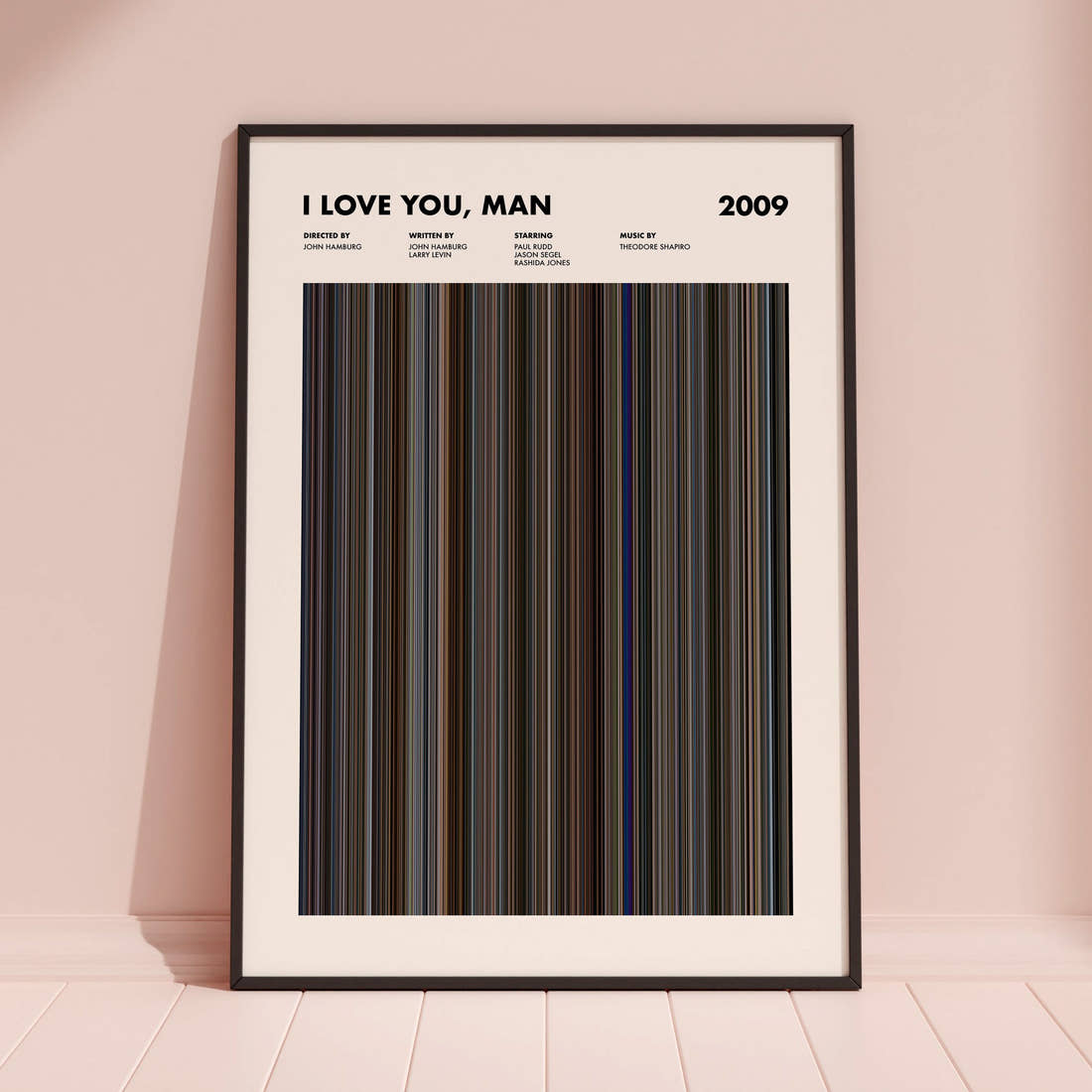I Love You, Man Movie Barcode Poster framed and leaning against a coloured wall