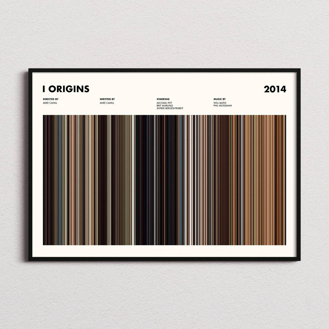 I Origins Movie Barcode Poster framed and photographed straight on