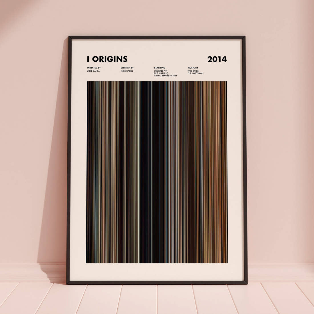 I Origins Movie Barcode Poster framed and leaning against a coloured wall