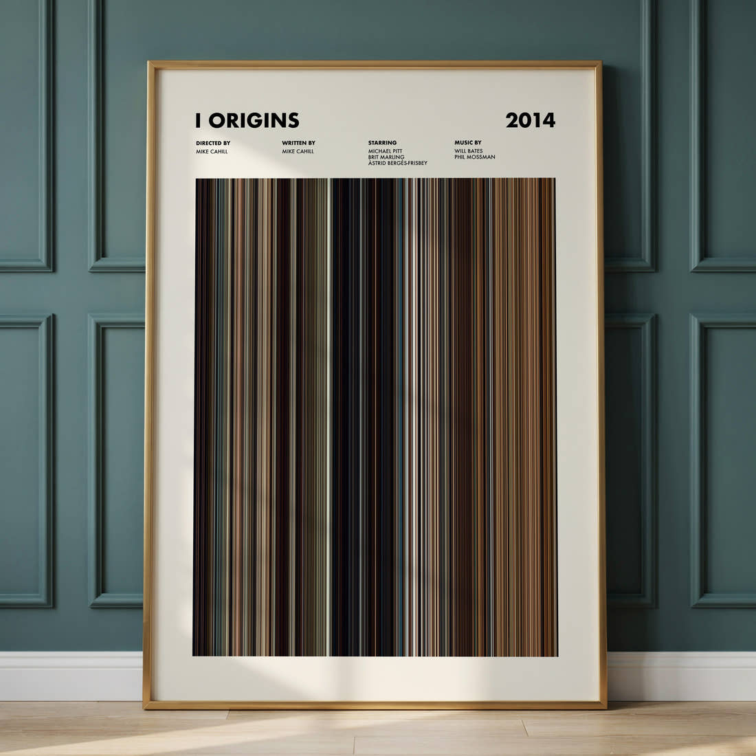 I Origins Movie Barcode Poster framed and leaning against a panelled wall