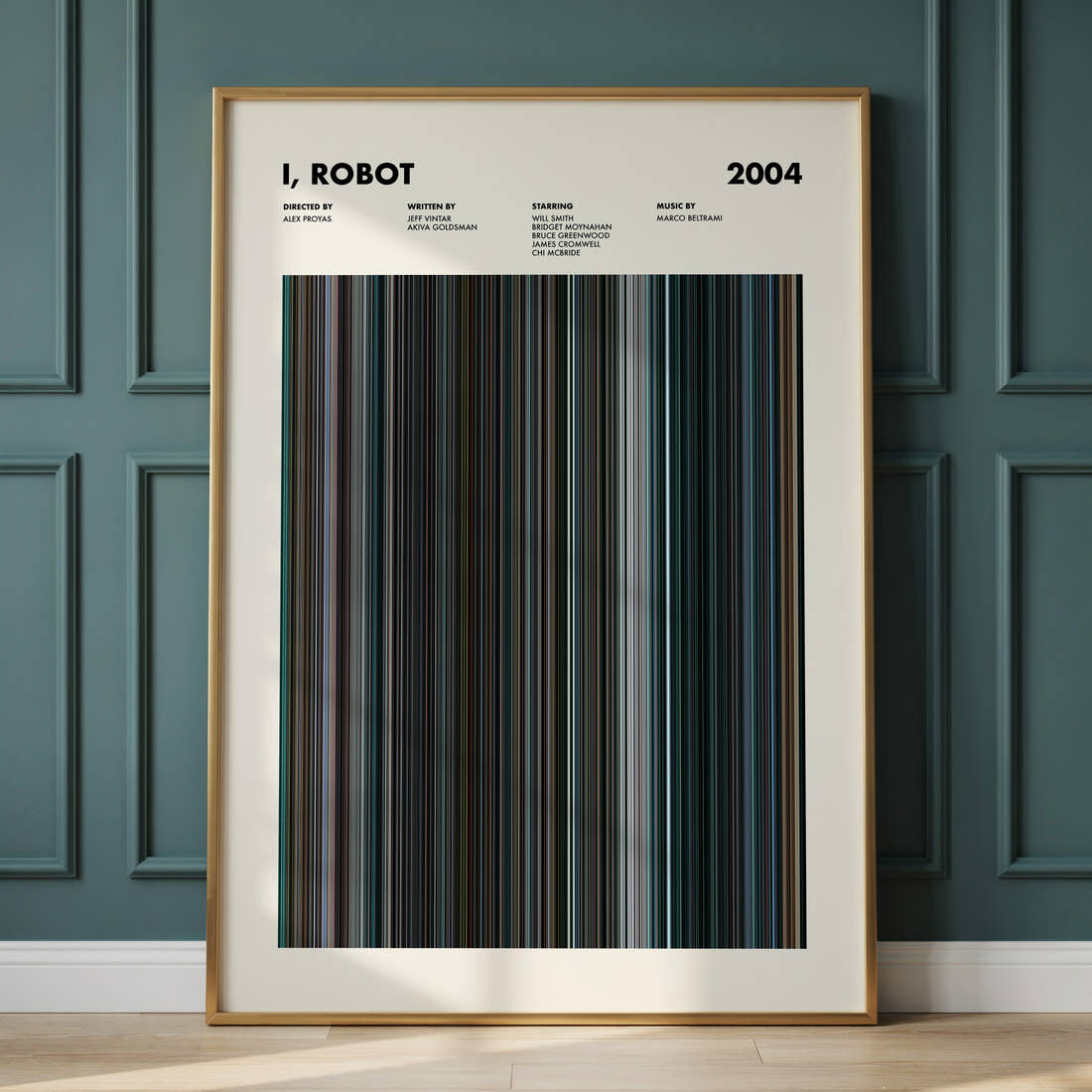 I, Robot Movie Barcode Poster framed and leaning against a panelled wall