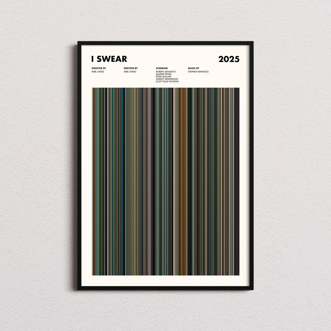 I Swear Movie Barcode Poster framed on a plain studio wall