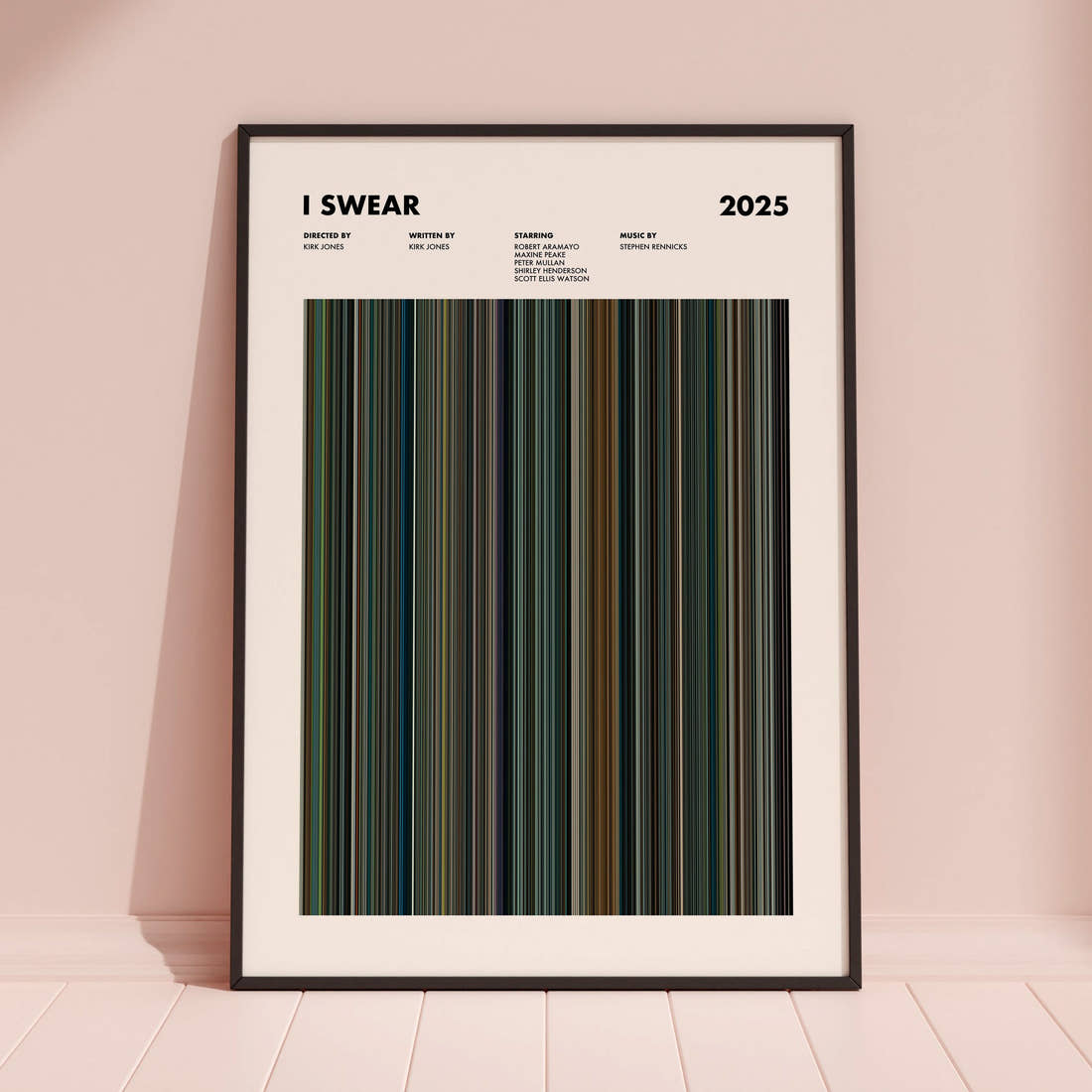 I Swear Movie Barcode Poster framed and leaning against a coloured wall