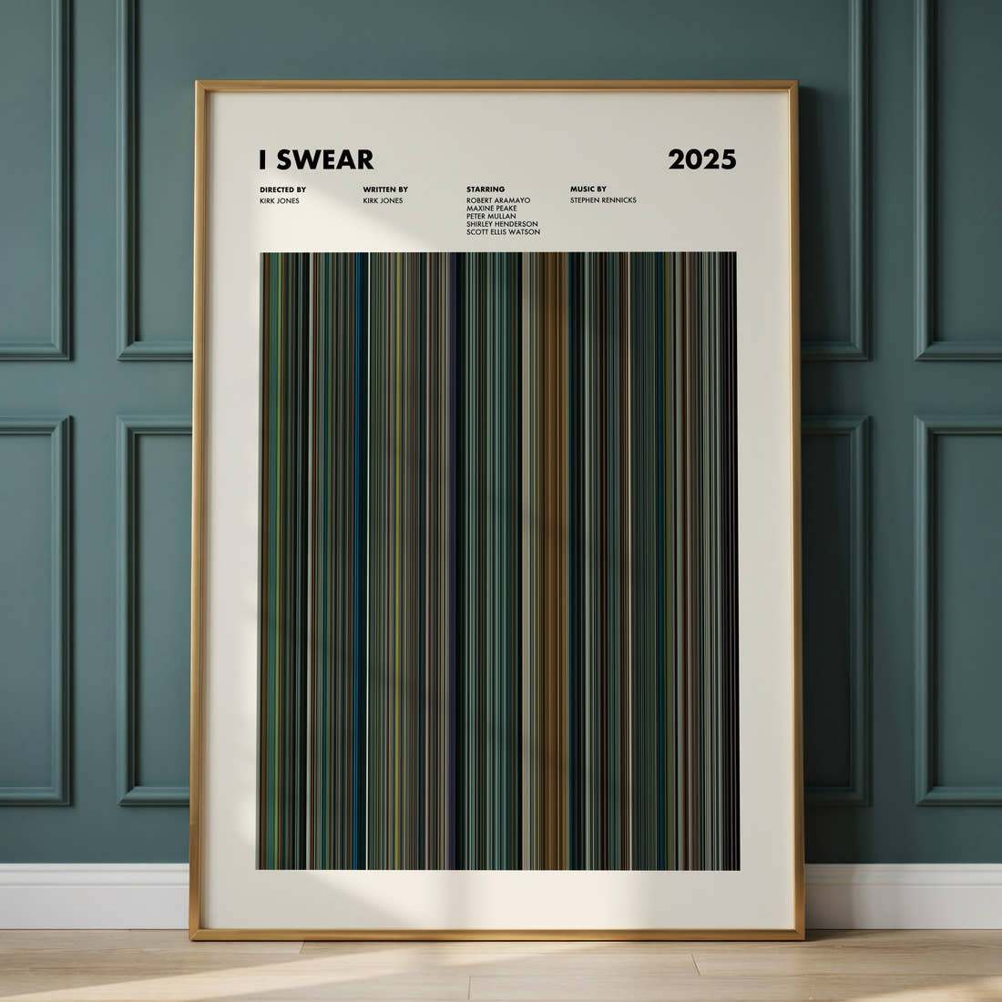 I Swear Movie Barcode Poster framed and leaning against a panelled wall