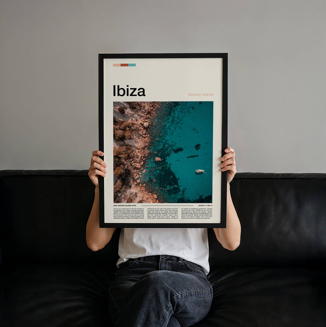 Ibiza Turquoise Cove Travel Print held up by hand to show the size of the print