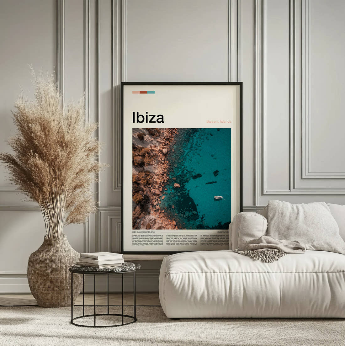 Ibiza Turquoise Cove Travel Print framed on the wall of a calm, neutral bedroom