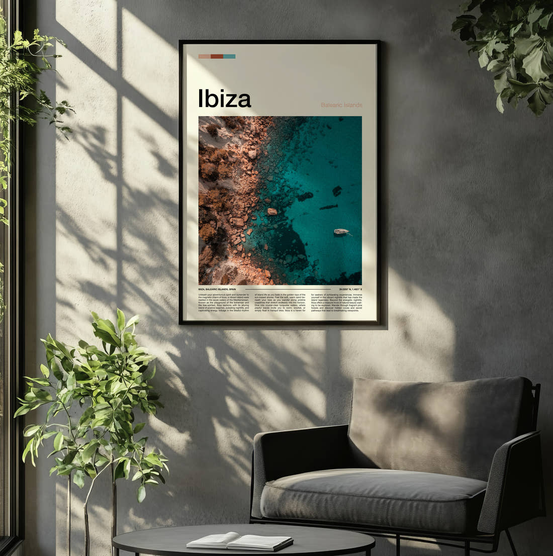 Ibiza Turquoise Cove Travel Print framed on the wall of a relaxed living room