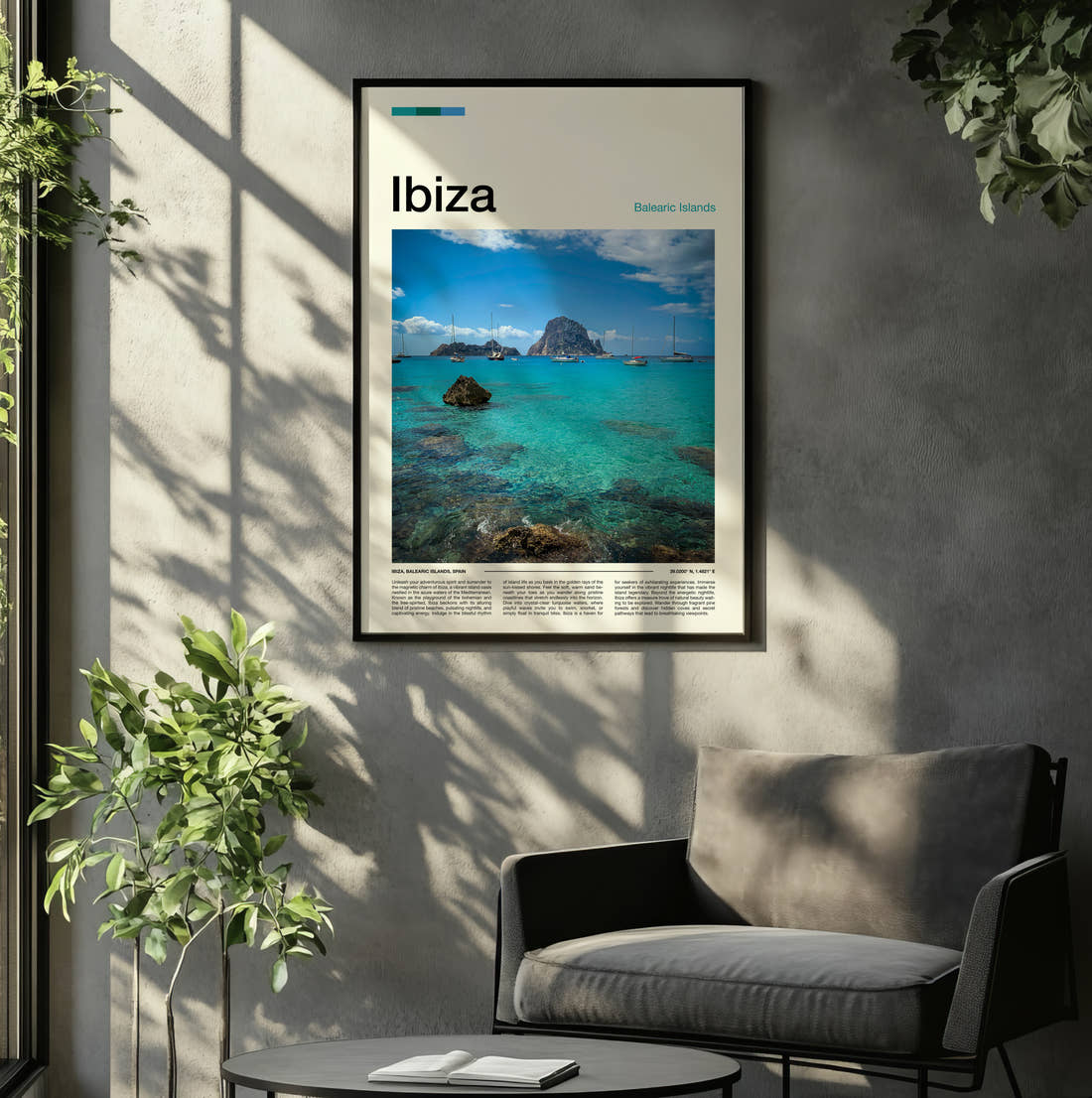 Ibiza Boats In Turquoise Bay Travel Print framed on the wall of a relaxed living room