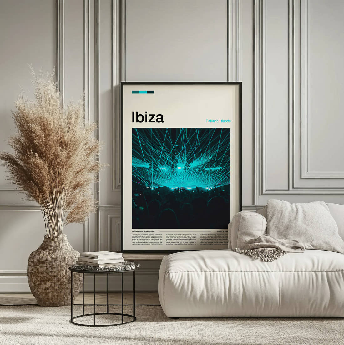 Ibiza Nightclub Lasers Travel Print framed on the wall of a calm, neutral bedroom