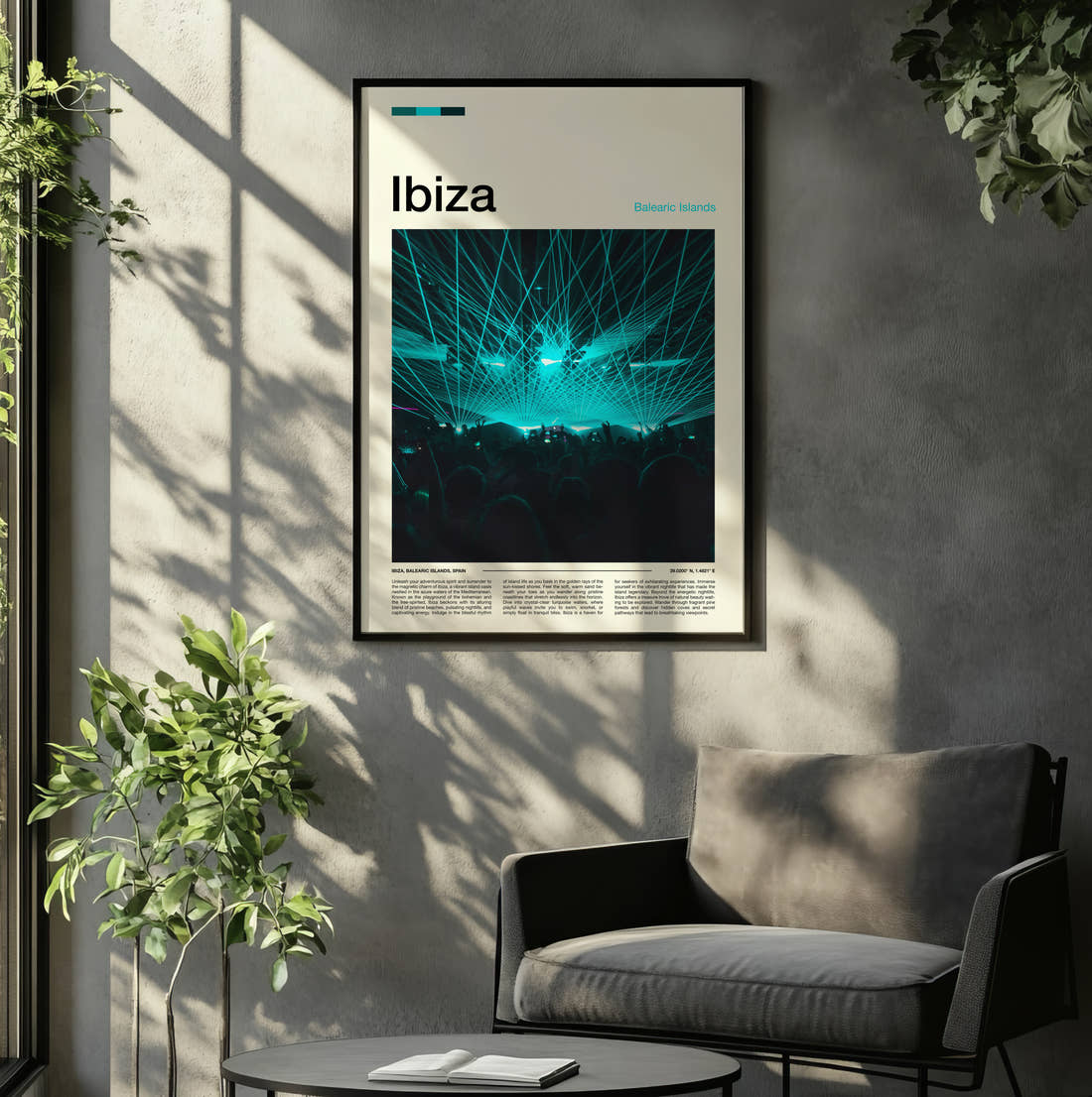 Ibiza Nightclub Lasers Travel Print framed on the wall of a relaxed living room