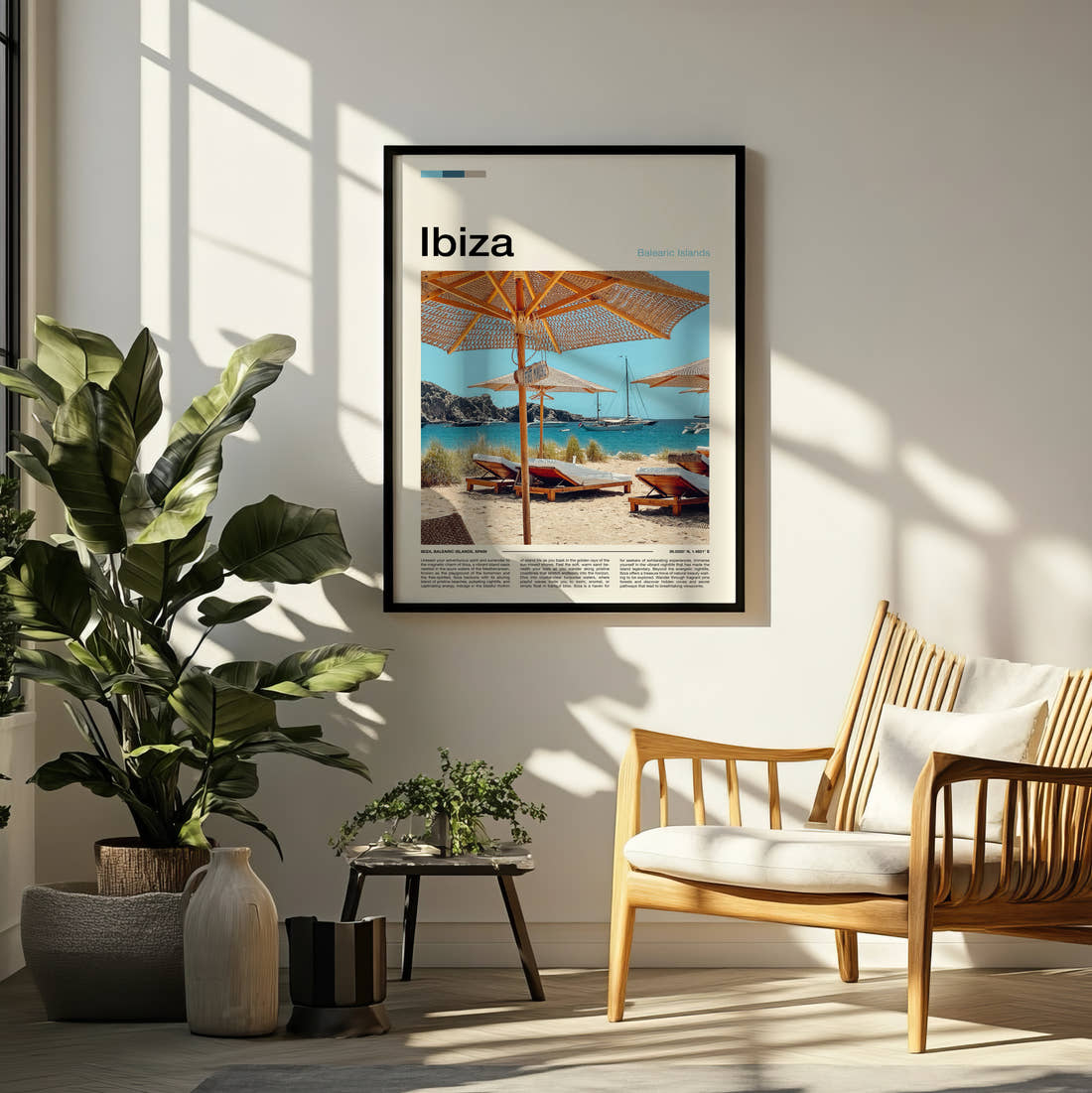 Ibiza Sun Loungers And Parasols Travel Print framed on a pale wall beside houseplants